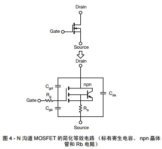 图 4 - N 沟道 MOSFET 的简化等效电路 （标有寄生电容、 npn 晶体 管和 Rb 电阻）